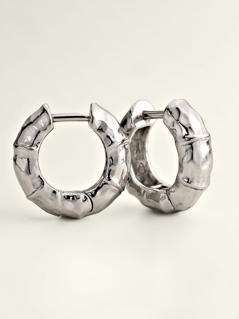 Small 925 silver hoop earrings with bamboo texture. image number 6