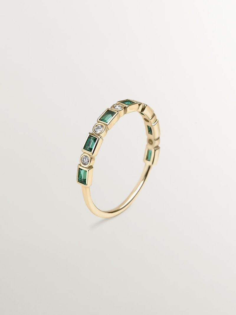 9K Yellow Gold Ring with Emeralds and Diamonds image number 0