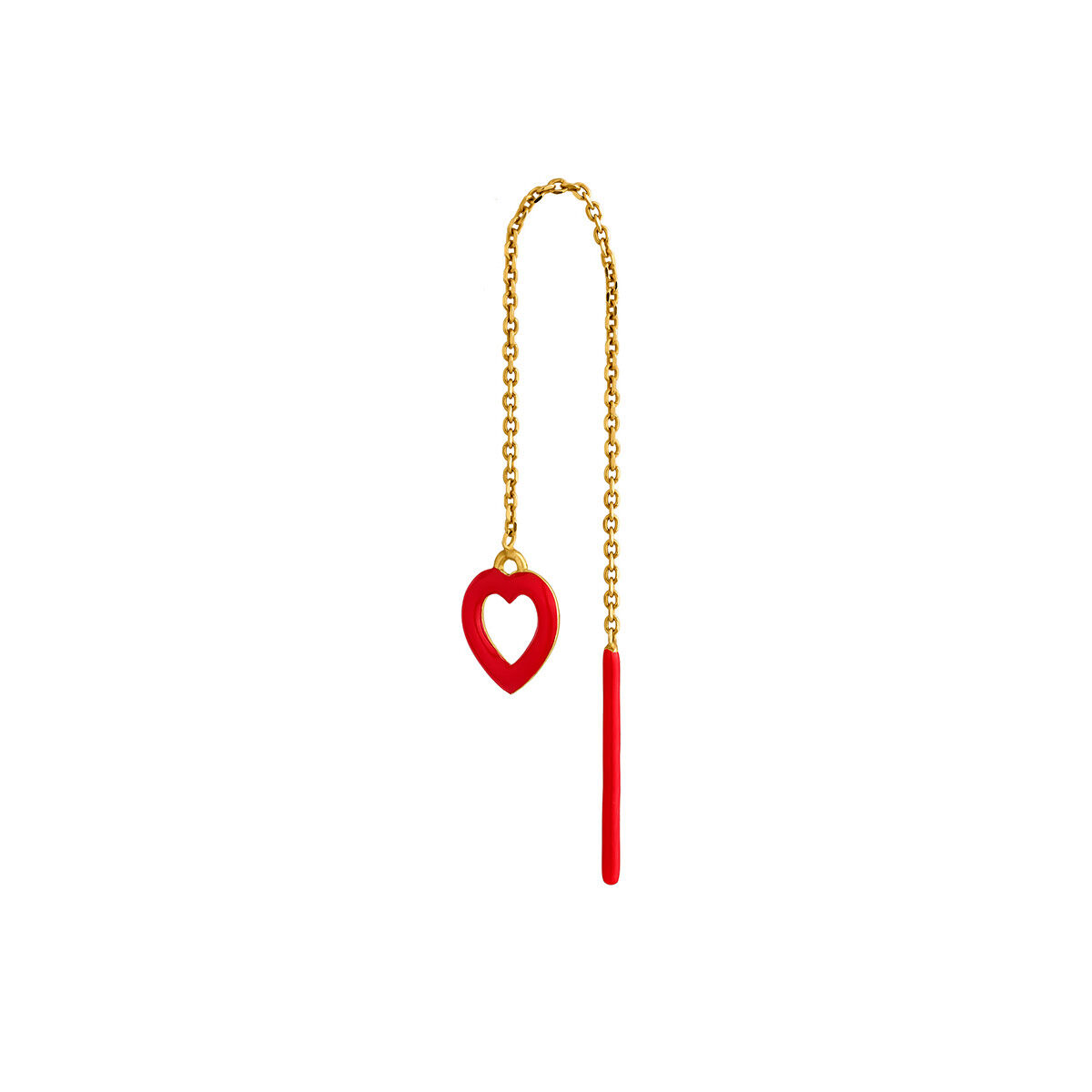 Long single chain earring in yellow gold-plated silver with a heart and red enamel, J05160-02-ROJENA-H, hi-res