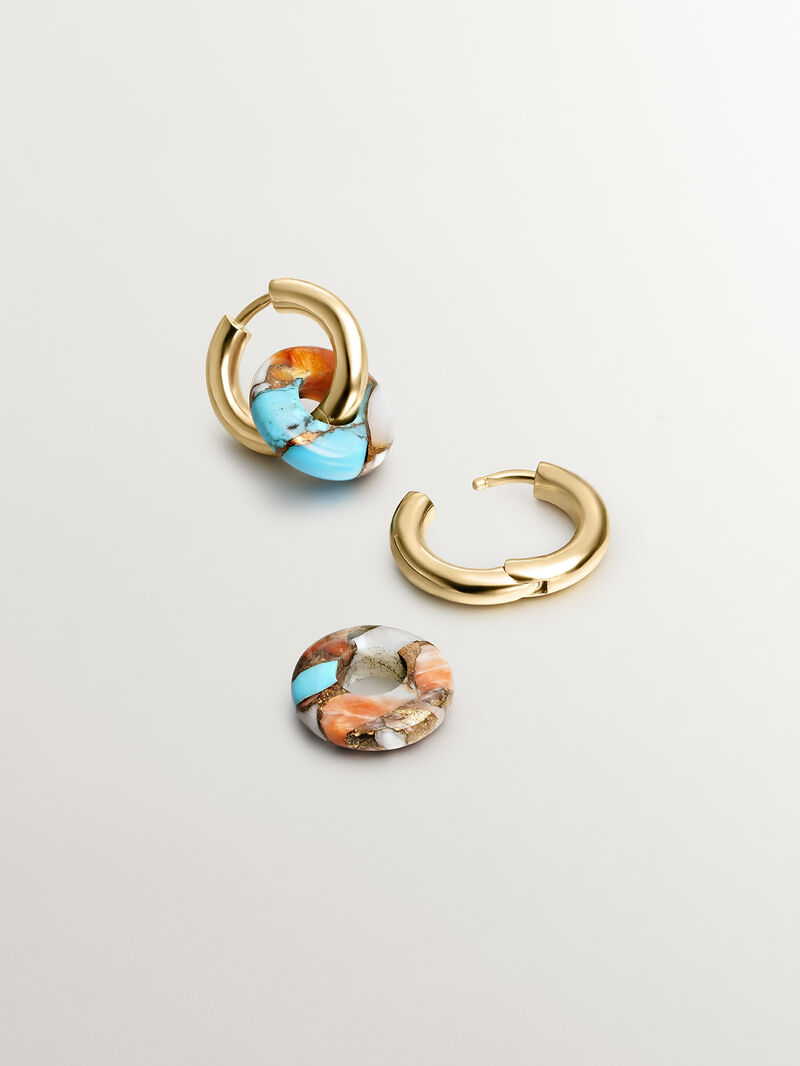 Medium hoop earrings made of 925 silver plated in 18K yellow gold with multicolored turquoise image number 2
