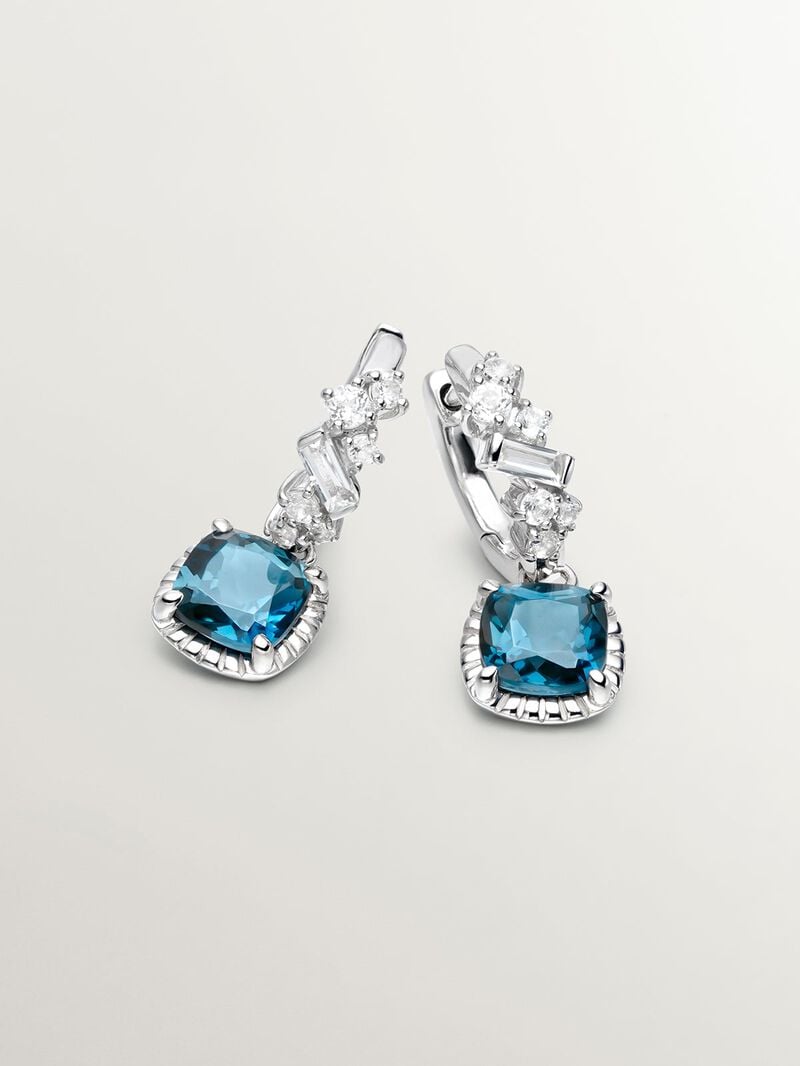 925 Silver hoop earrings with London blue and white topazes. image number 4
