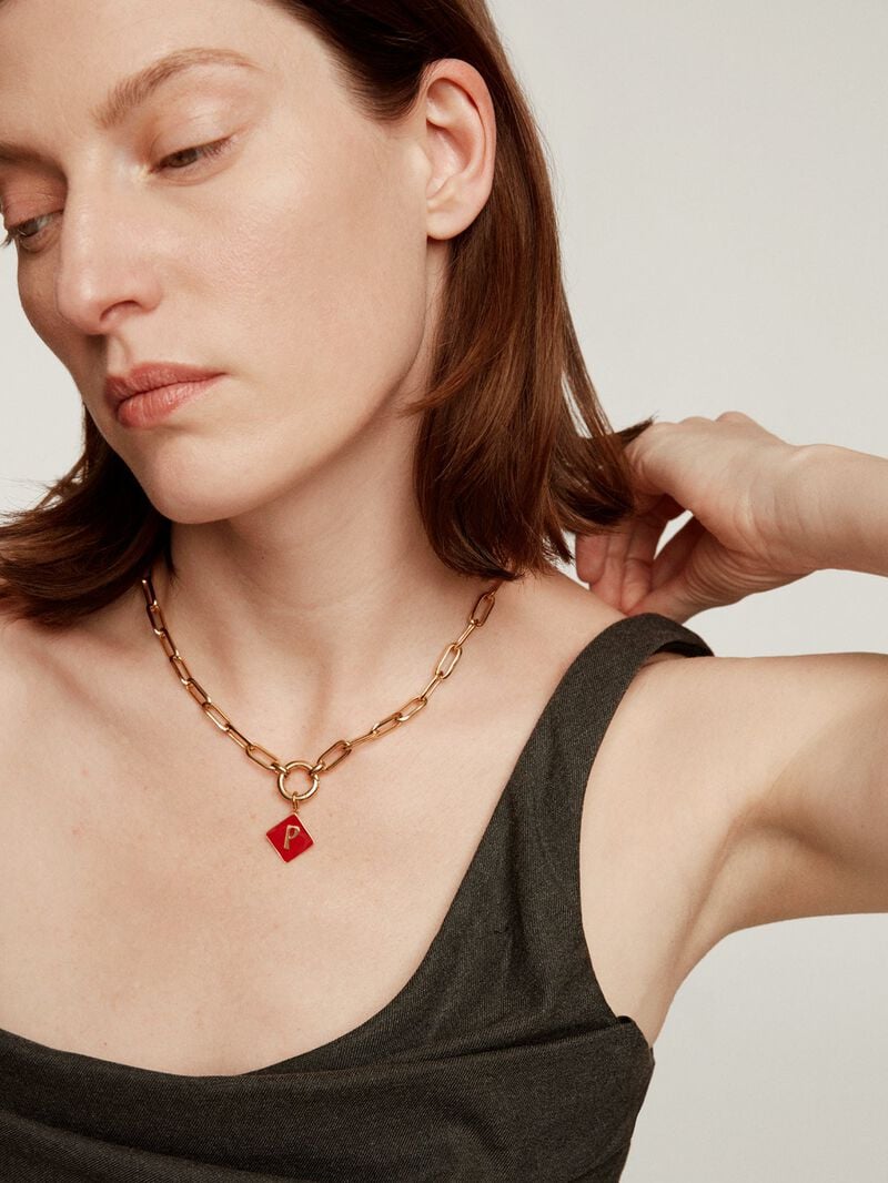 18K yellow gold plated 925 sterling silver charm with initial P and red enamel in diamond shape image number 3