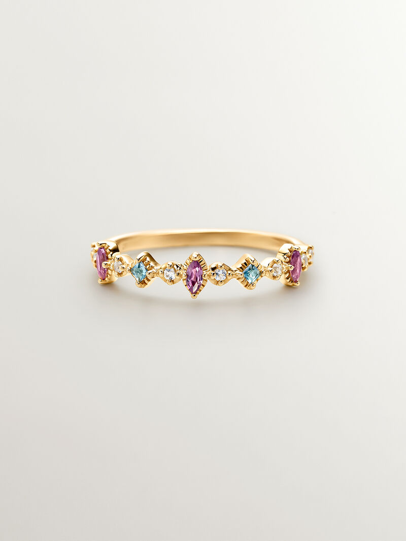 925 Silver ring bathed in 18K yellow gold with topaz and rhodolites. image number 2