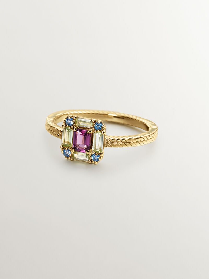 925 Silver ring bathed in 18K yellow gold with rhodolite, peridot, and topaz. image number 2