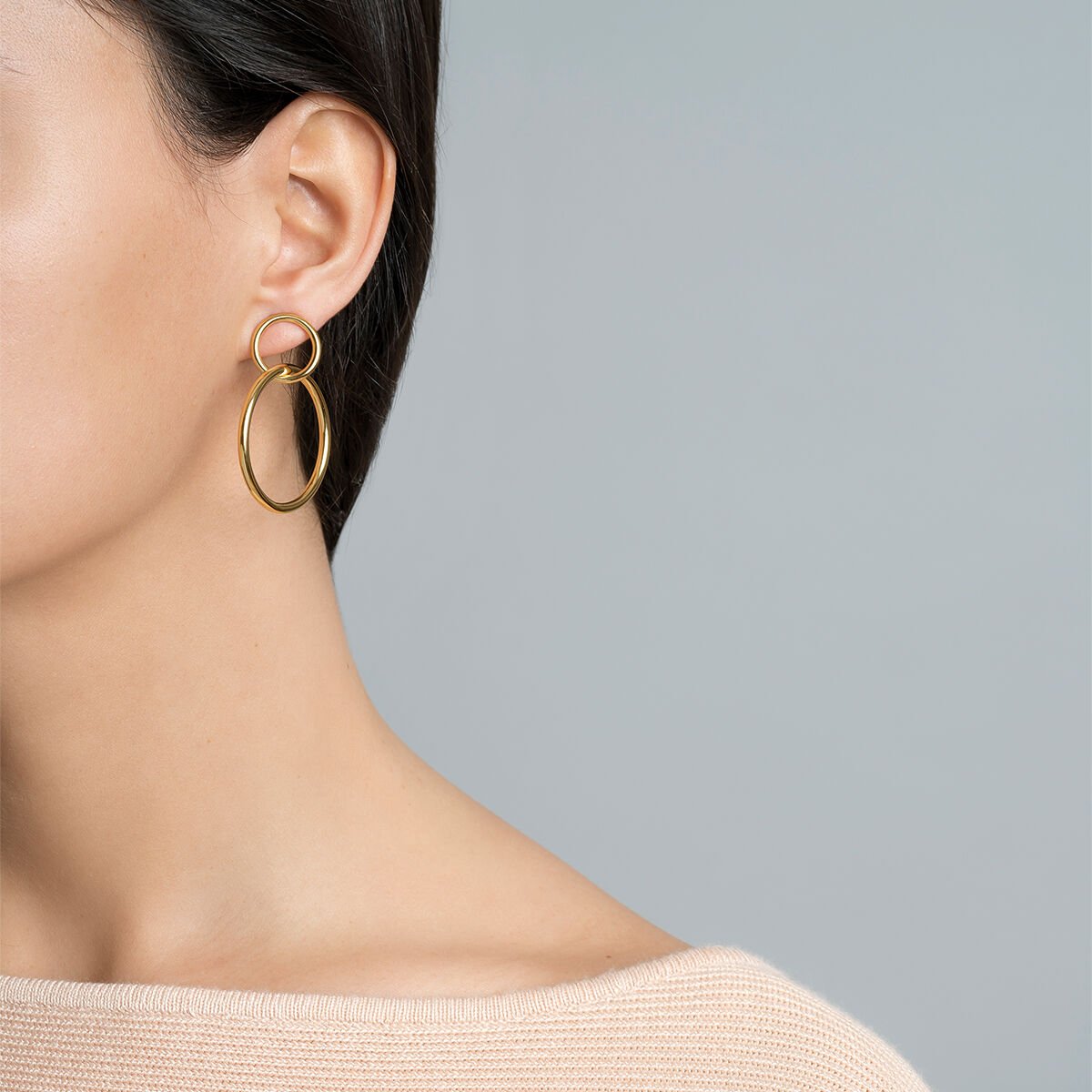Gold plated double hoop earrings , J03432-02, hi-res