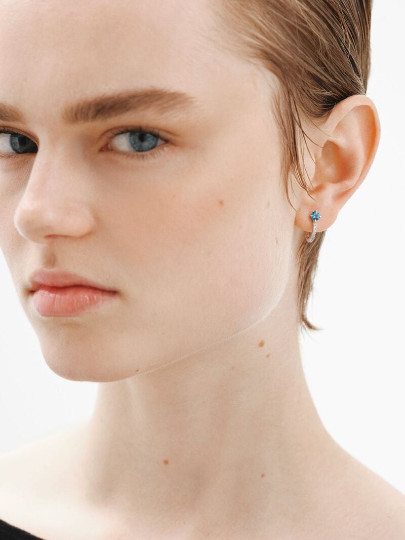 925 Silver hoop earrings with blue and white topaz. image number 3