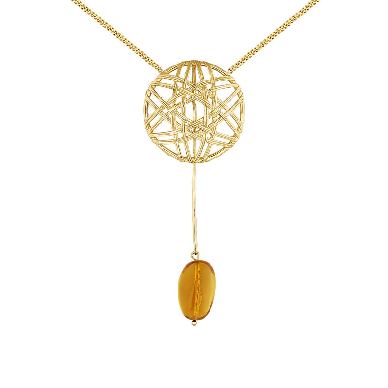 Gold plated amber pendant wicker necklace, J04421-02-AMB, hi-res