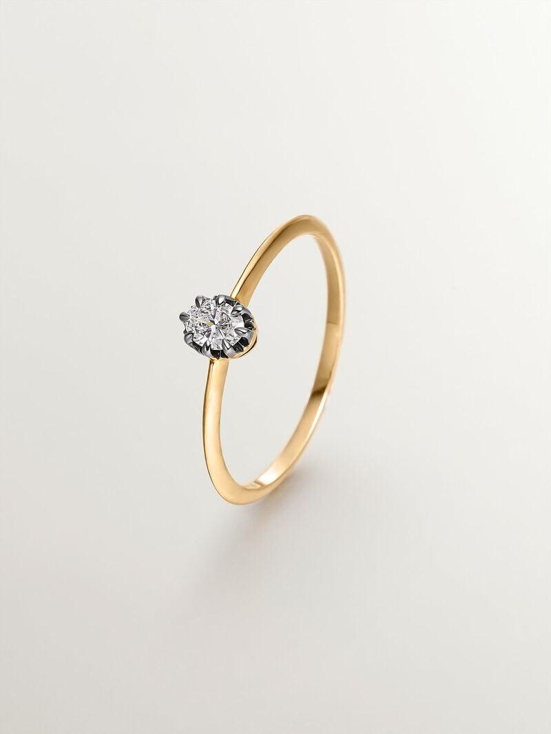 18K yellow gold ring with aged effect and oval-cut diamond image number 0