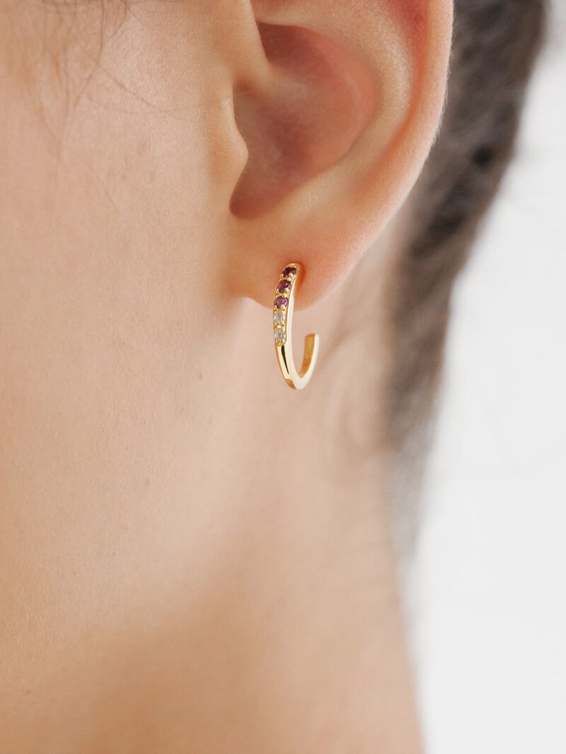 18K yellow gold plated 925 silver hoop earrings with purple rhodolites and white topazes image number 1