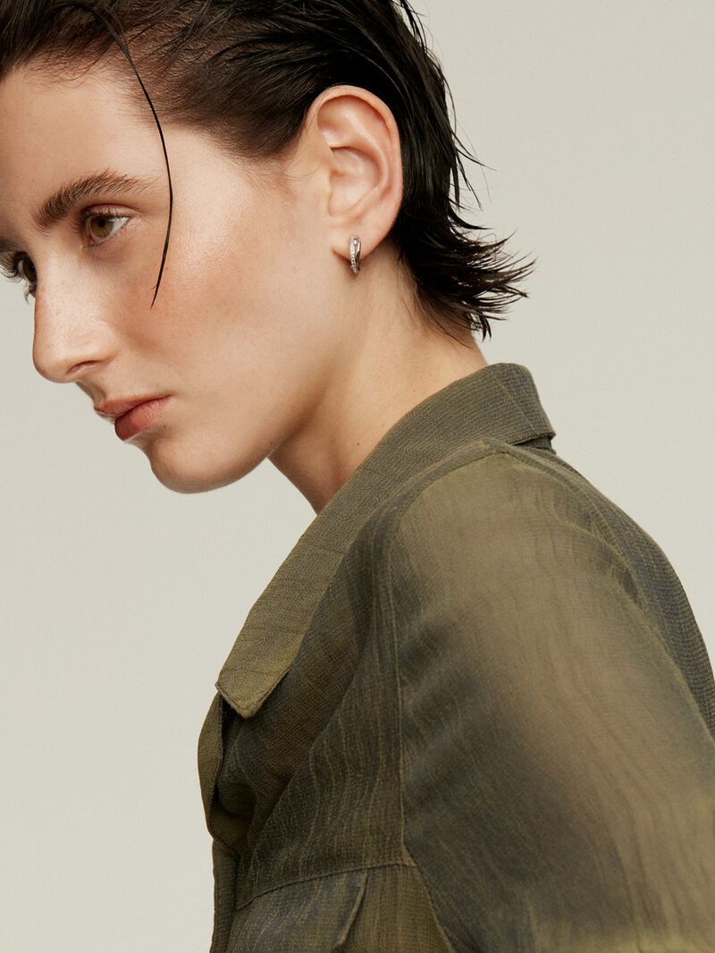 925 Silver double hoop earrings with white topaz. image number 3