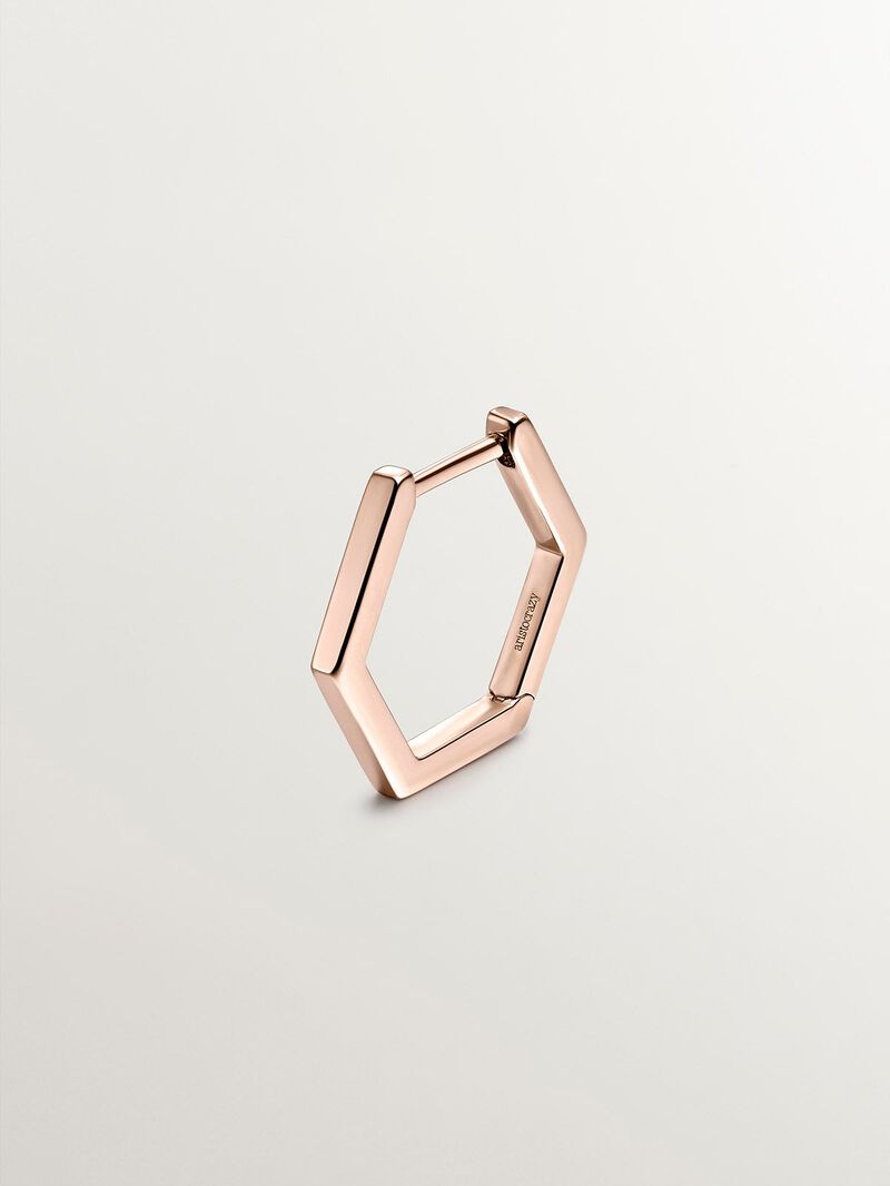 Individual 9K rose gold hoop earring with hexagonal shape. image number 2