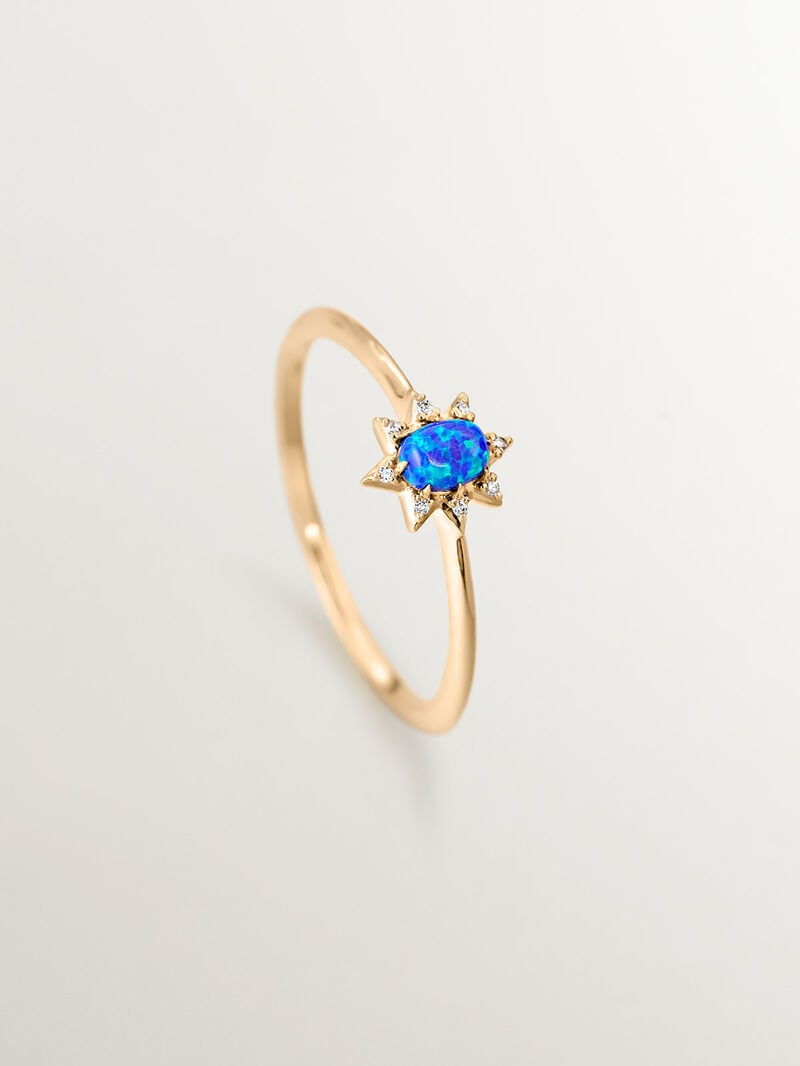 18K yellow gold ring with lab-grown blue opal and white diamonds. image number 4