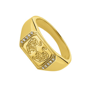 Tiger signet ring in 18k yellow gold with white topazes, J04833-02-WT,hi-res