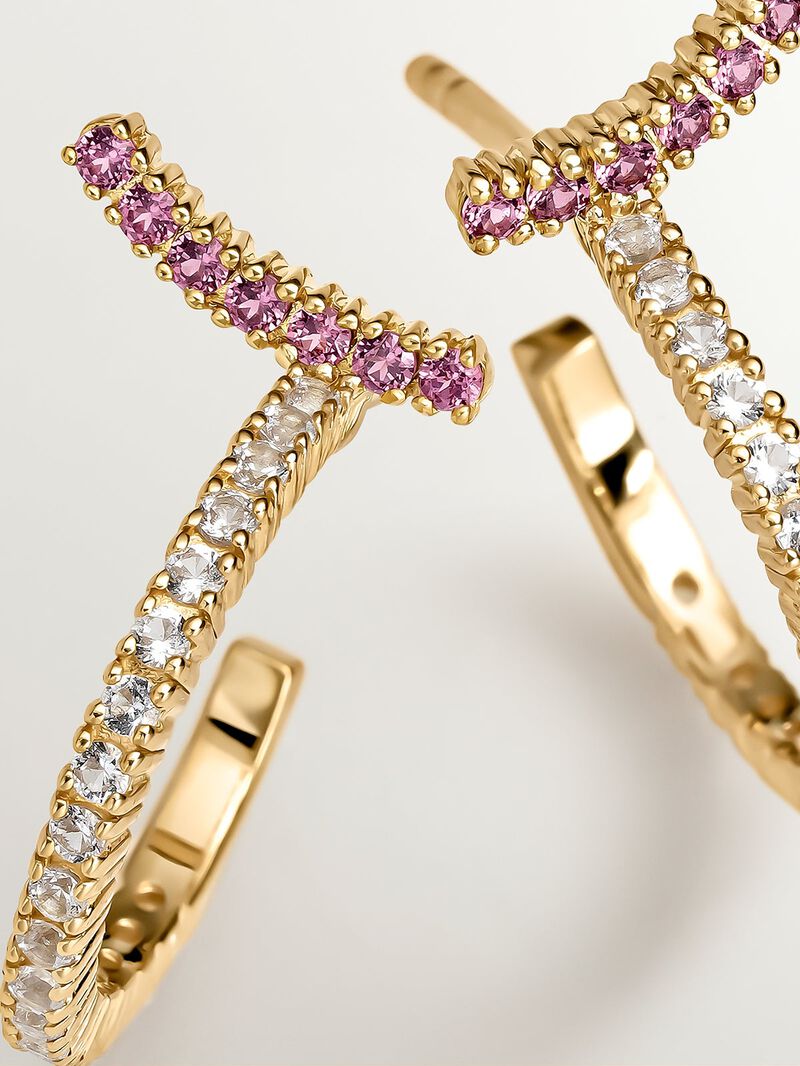 Small hoop earrings made of 925 silver, coated in 18K yellow gold with white topaz and pink rhodolites. image number 4