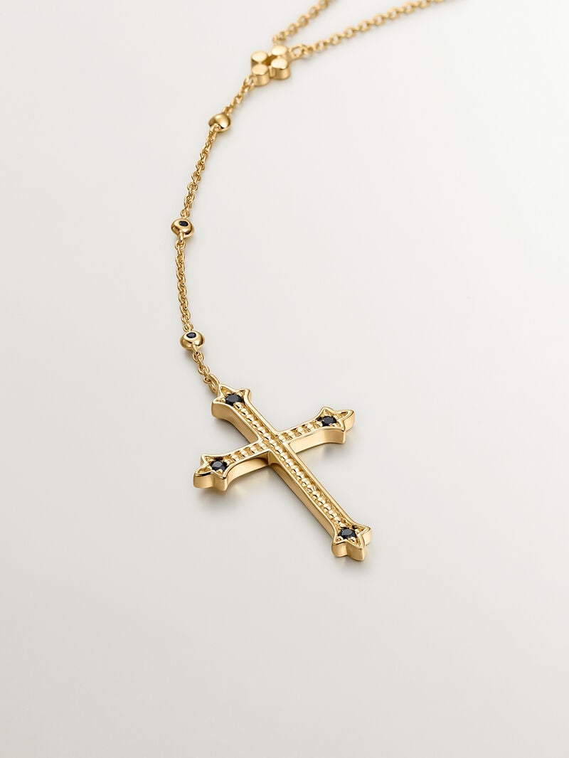 925 Silver necklace bathed in 18K yellow gold with large cross and spinels image number 2