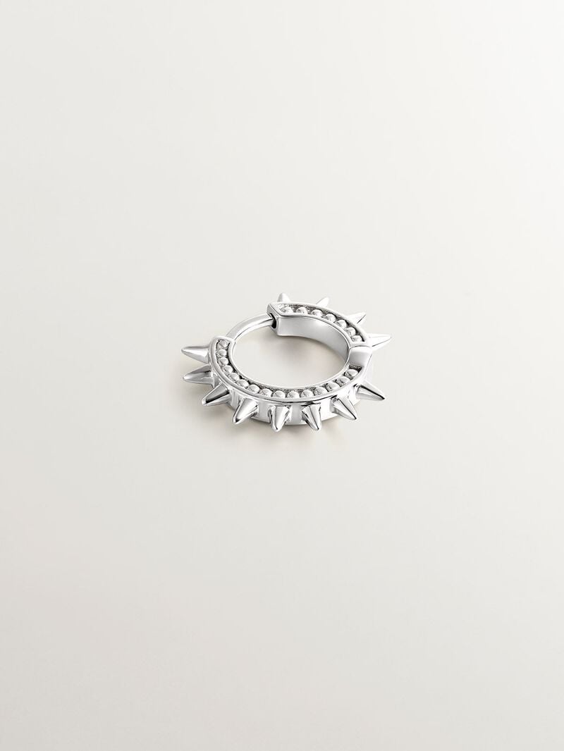 9K white gold single hoop earring with spikes and spheres. image number 2