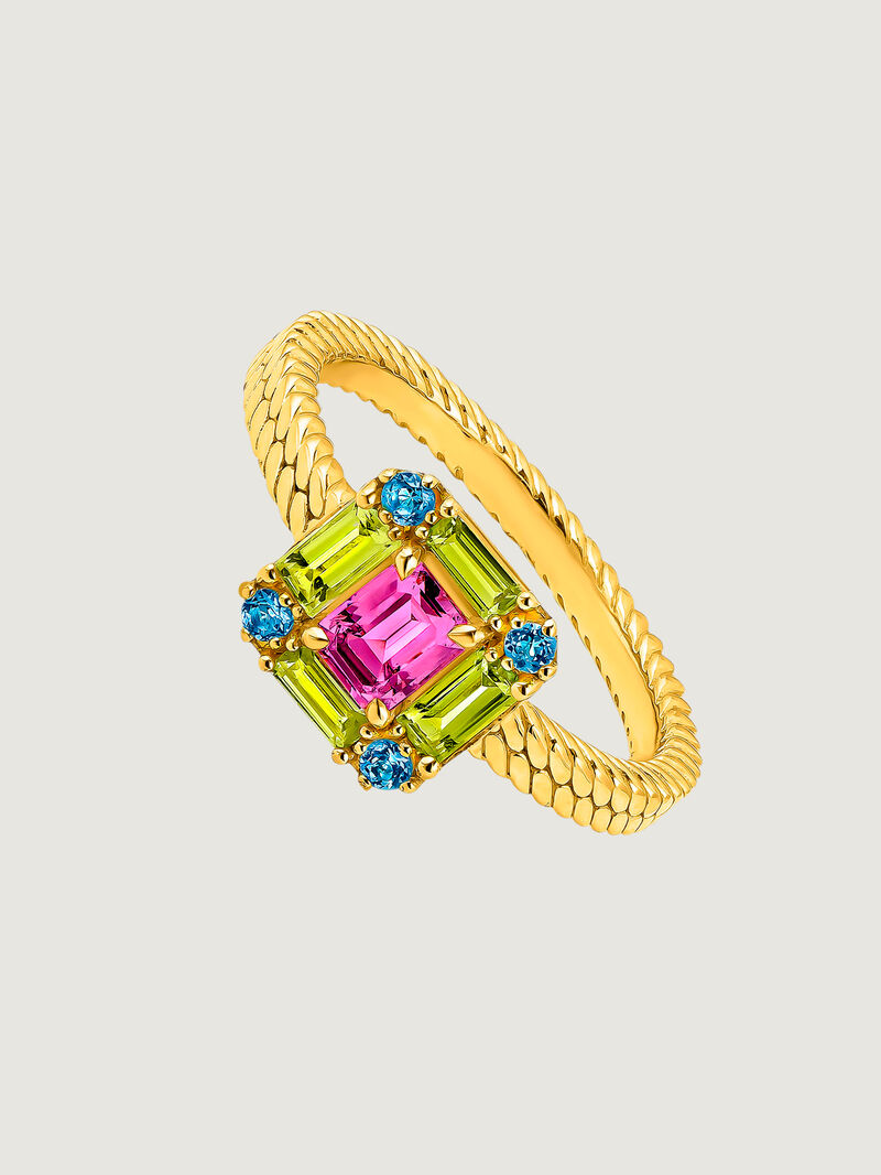925 Silver ring bathed in 18K yellow gold with rhodolite, peridot, and topaz. image number 0