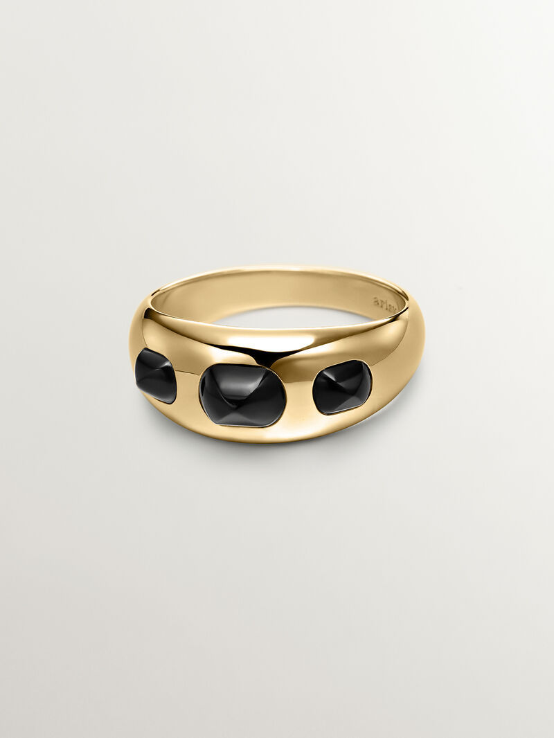 18K yellow gold plated 925 silver ring with black agates image number 2