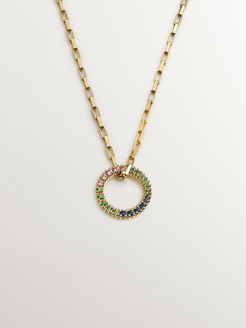 925 Silver pendant bathed in 18K yellow gold with tsavorites and multicolor sapphires. image number 0