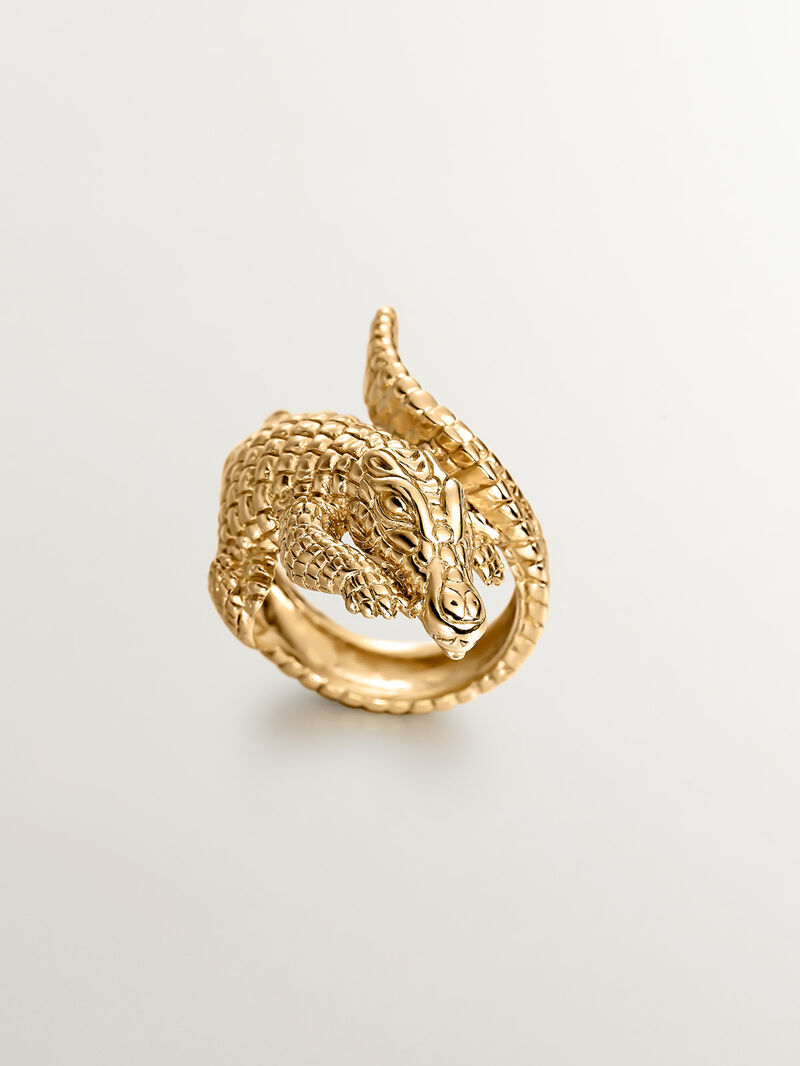 925 Silver wide ring, dipped in 18K yellow gold, in the shape of a crocodile. image number 6
