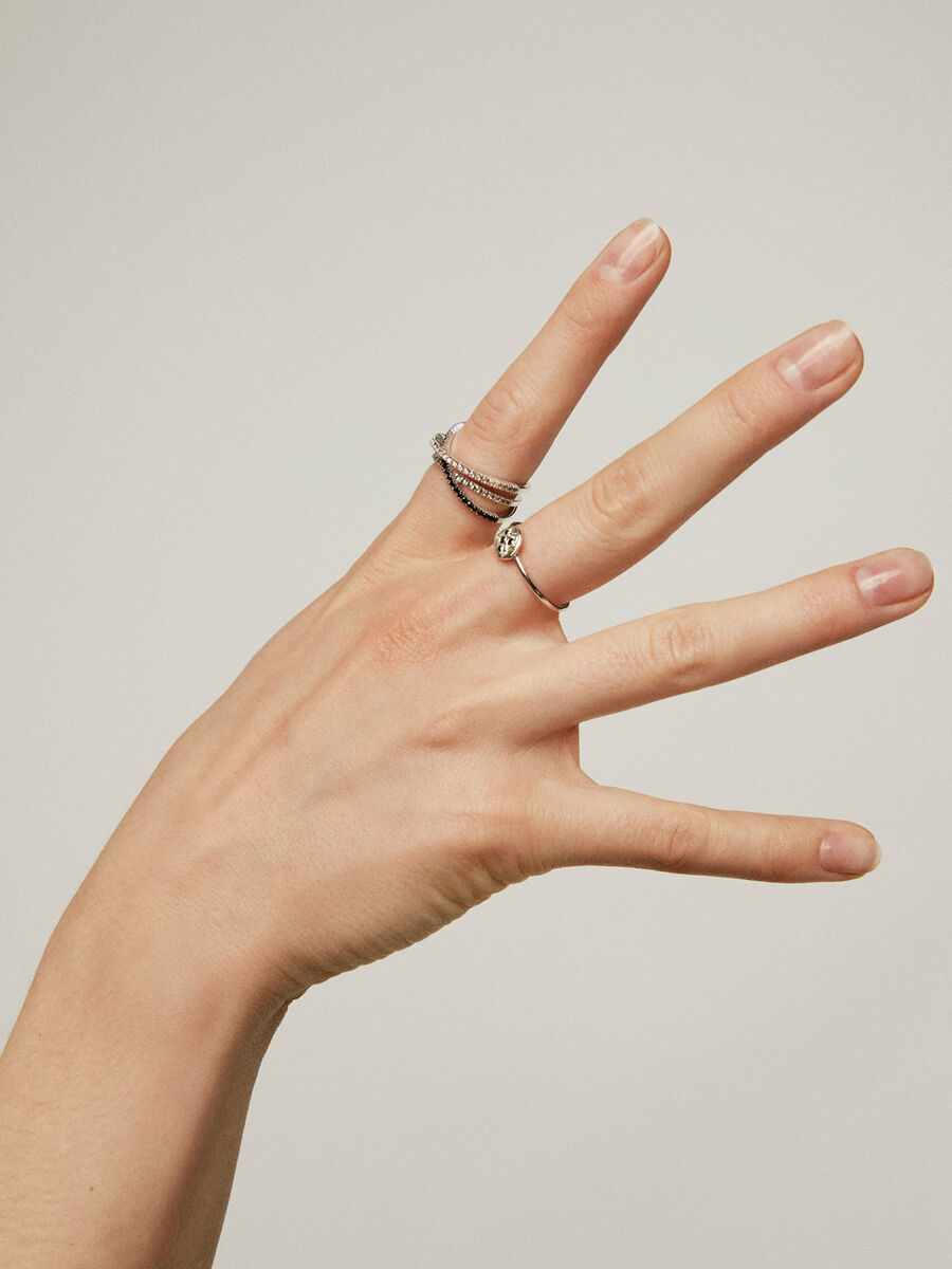 Silver triple crossed ring with white topazes and black spinels, J04989-01-WT-BSN, hi-res