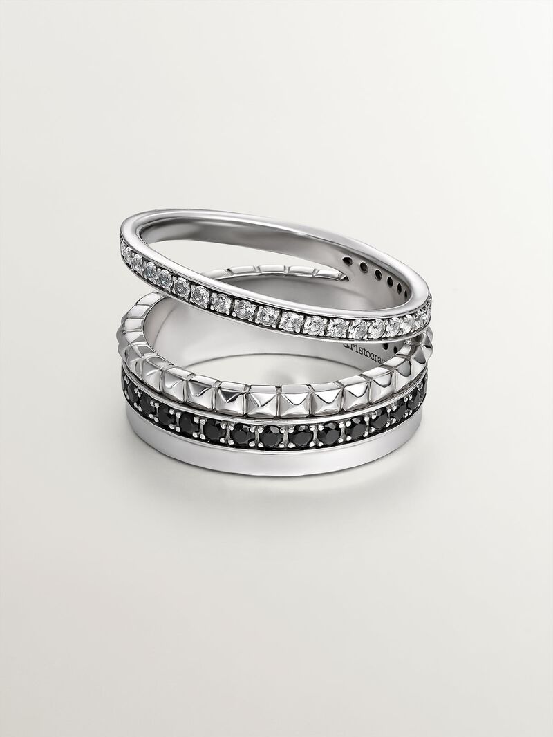 925 Silver double ring with texture and black spinels image number 2