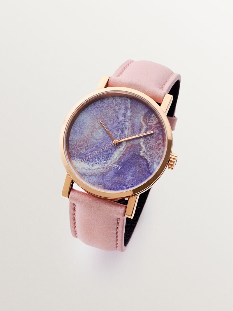 Watercolors watch with pink leather strap and multicolor marble effect dial image number 2