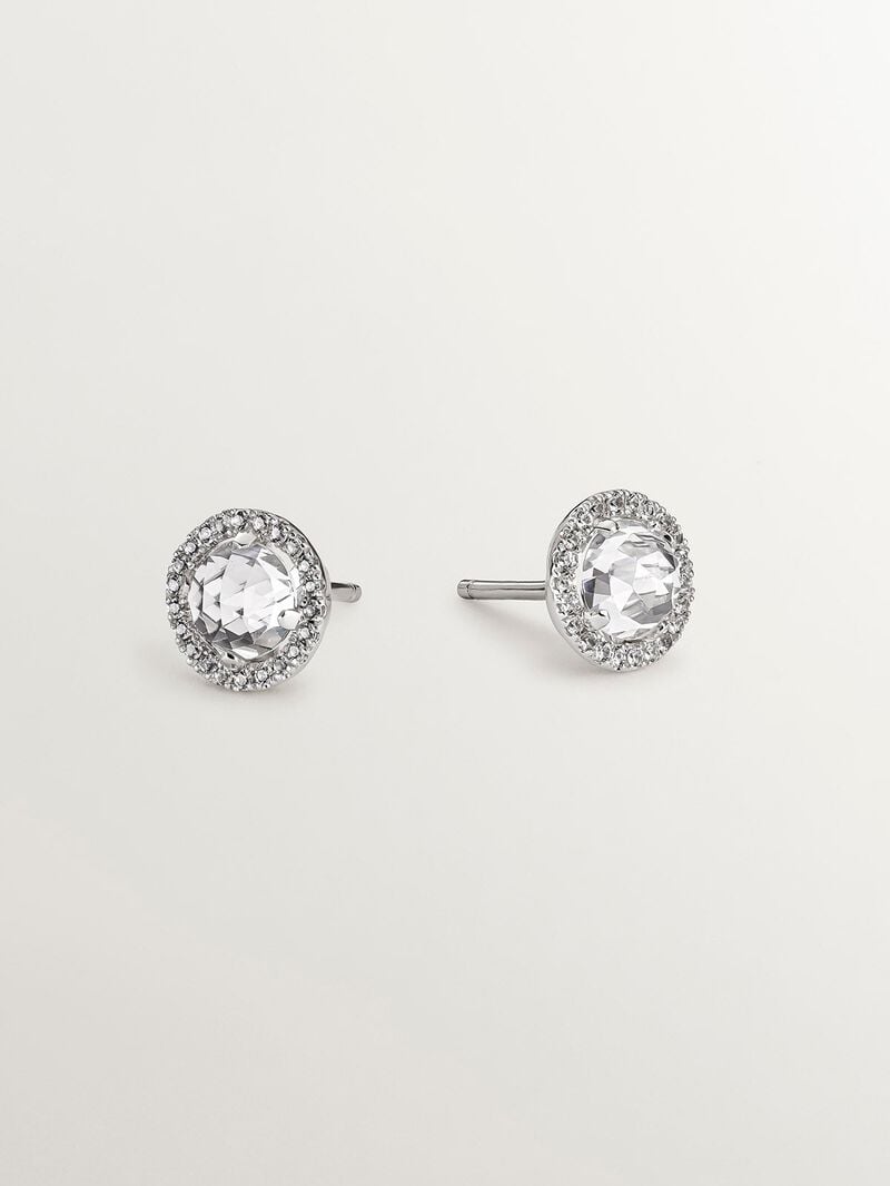 925 silver button earrings with white topaz and a halo of white sapphires. image number 0