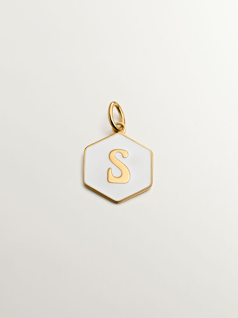 18K yellow gold plated 925 sterling silver charm with initial S and white enamel with hexagonal shape image number 0