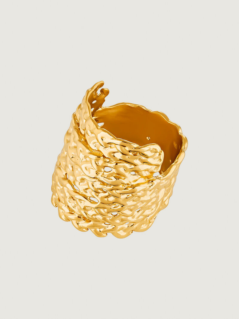Wide 925 silver ring bathed in 18k yellow gold with wicker texture. image number 0