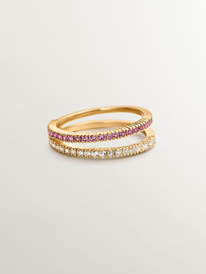 925 Silver double ring bathed in 18K yellow gold with white topazes and purple rhodolites. image number 2