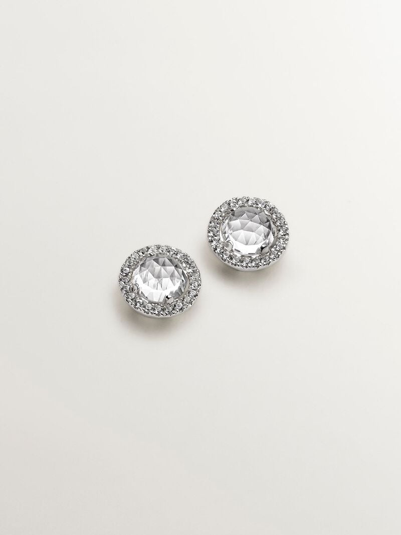 925 silver button earrings with white topaz and a halo of white sapphires. image number 2