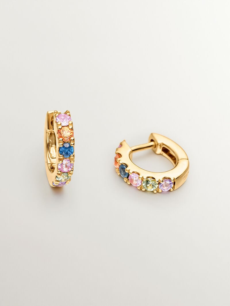 Small hoop earrings made of 925 silver coated in 18K yellow gold with multicolor sapphires. image number 2