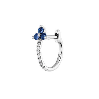 Individual small hoop earring in 9k white gold with a shamrock with blue sapphires and diamonds, J04071-01-BS-H,hi-res