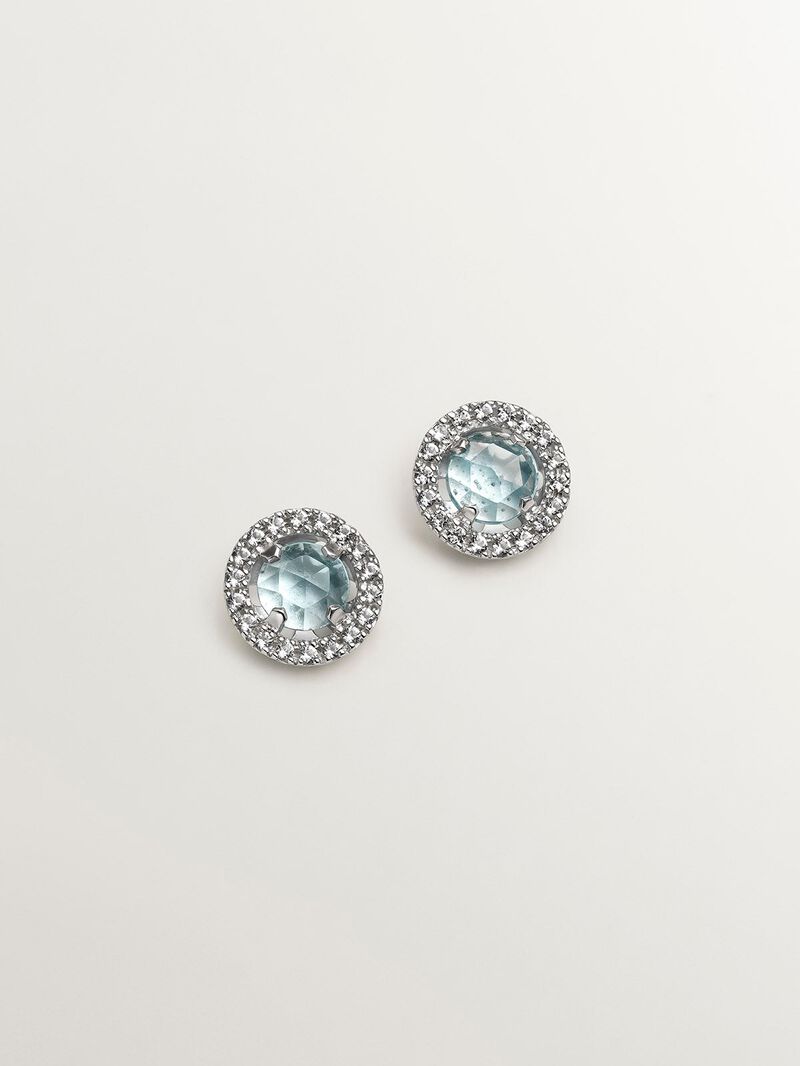 925 Silver Button Earrings with 0.82 cts blue topaz and white sapphire halo image number 2