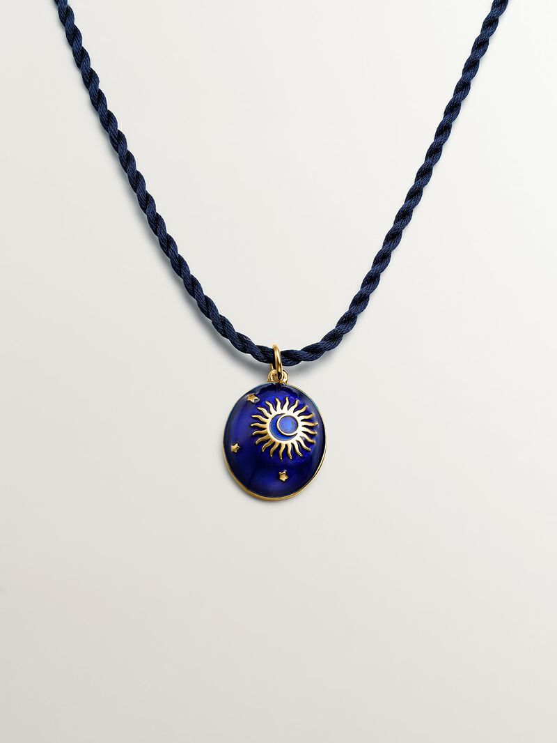 Gold-plated silver necklace with blue enamel and sun and stars motif. image number 0