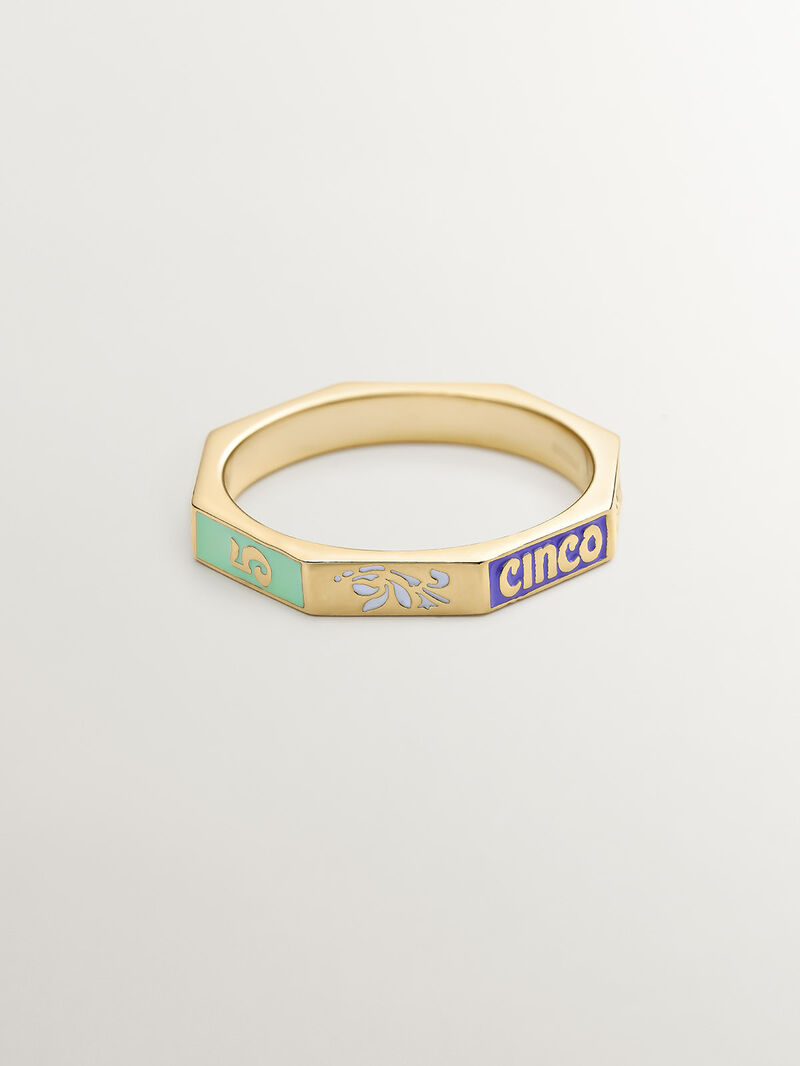 929 Silver ring dipped in 18K yellow gold with colored enamel and number five. image number 2