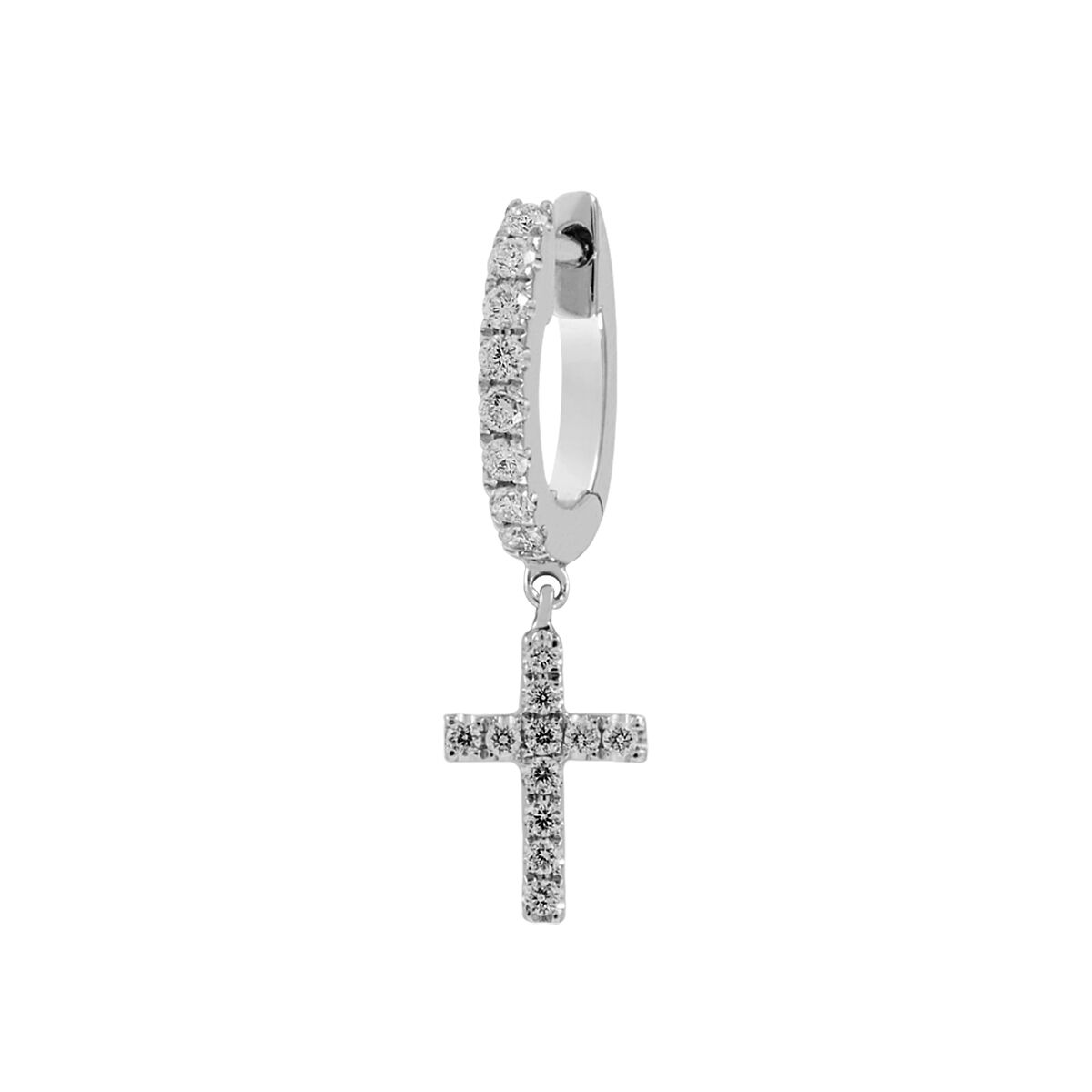 Pendiente individual de aro pequeño de oro blanco de 18kt con cruz de diamantes , J01636-01-H, hi-res