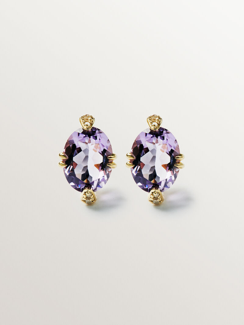 9K Yellow Gold Stud Earrings with Pink Amethysts and Diamonds image number 0