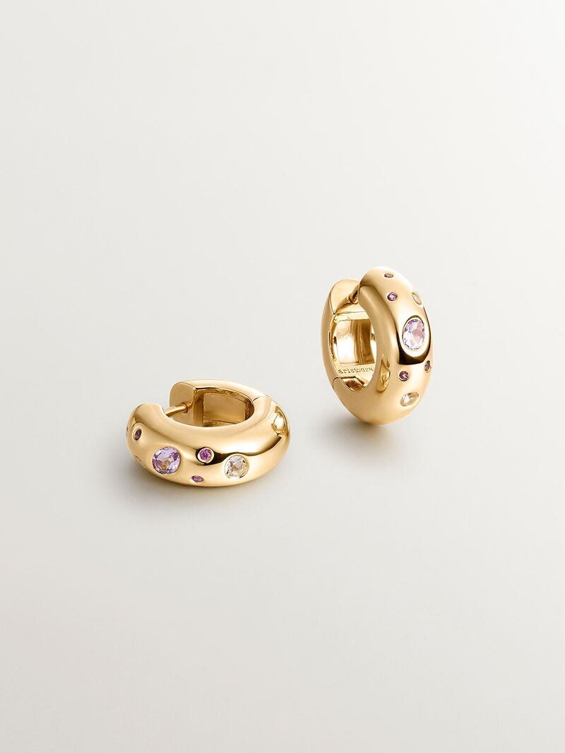 18K yellow gold plated 925 silver thick hoop earrings with white topaz, pink and purple amethysts and pink rhodolites image number 1
