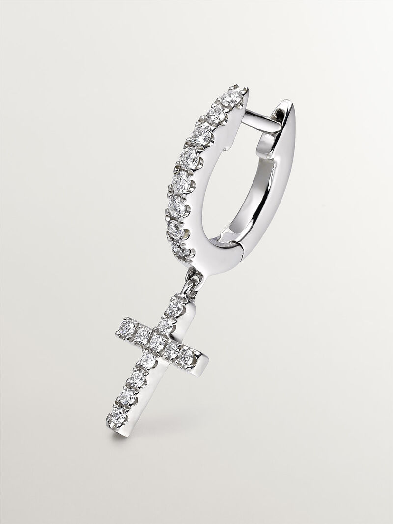 Single 18K white gold earring with diamonds and cross. image number 4