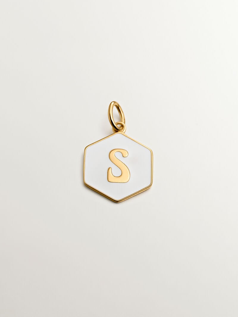 18K yellow gold plated 925 sterling silver charm with initial S and white enamel with hexagonal shape image number 0