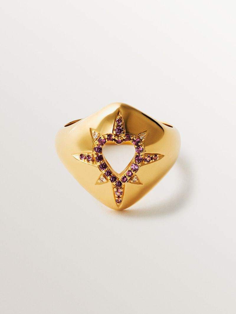 18K yellow gold plated 925 silver ring with purple rhodolites, white topaz and heart shape image number 2