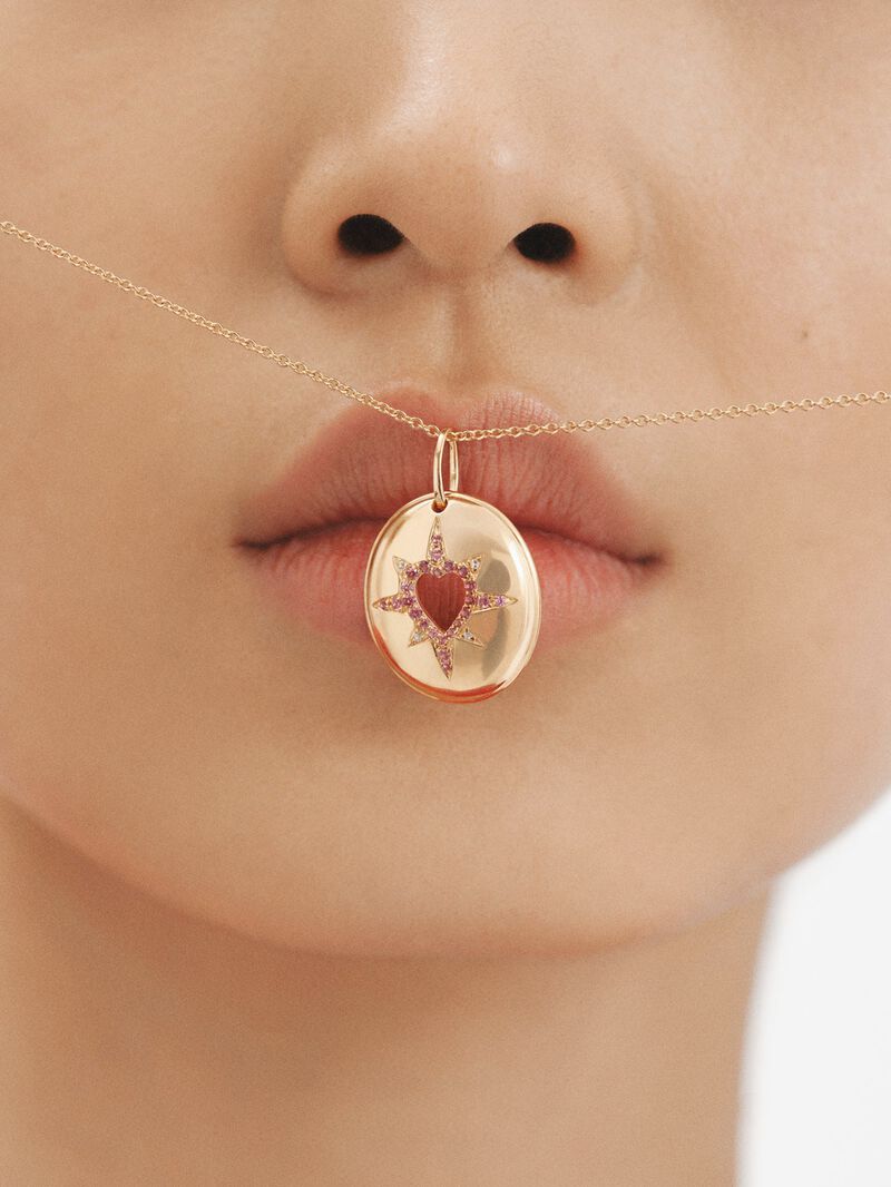 18K yellow gold plated 925 silver charm with purple rhodolites, white topaz and heart shape. image number 1