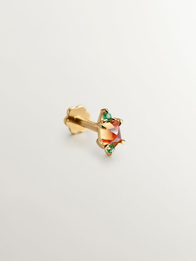 Individual 18k yellow gold pending with orange sapphire and green emeralds image number 2
