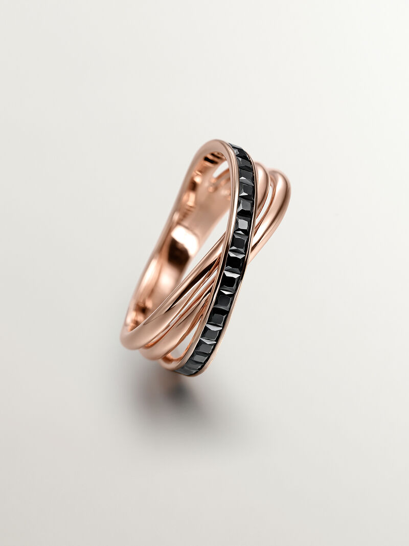 925 Silver double ring bathed in 18K rose gold with black spinels. image number 4
