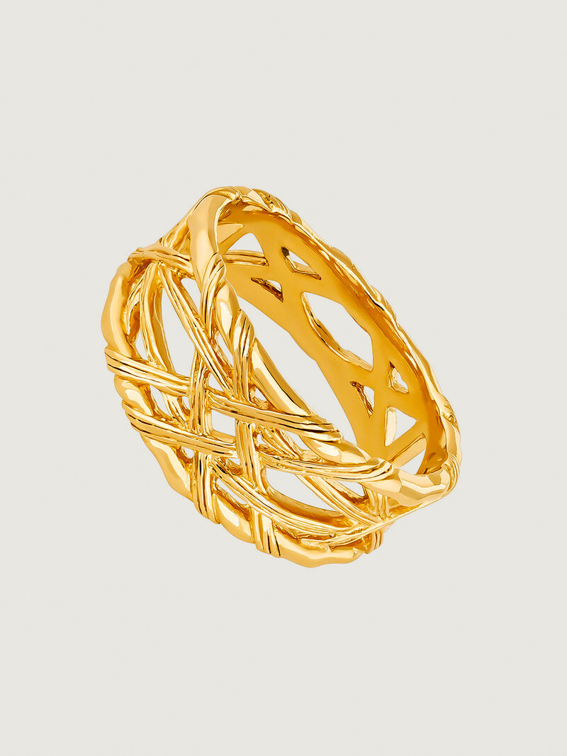 925 Silver ring bathed in 18K yellow gold with wicker texture. image number 0