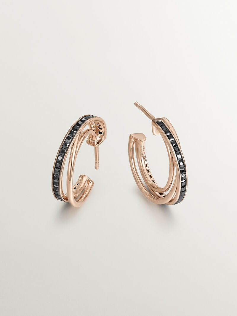 Triple hoop earrings in 925 silver plated in 18K rose gold with black spinels. image number 2