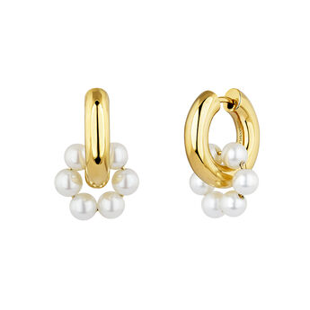 Gold plated silver pearl motif hoop earrings , J04731-02-WP,hi-res