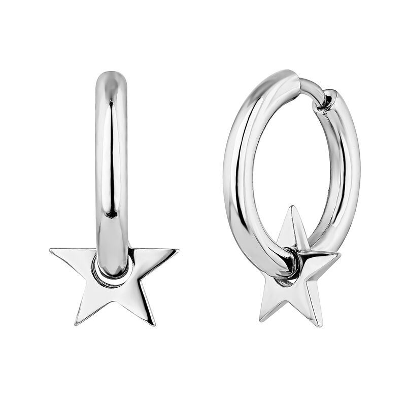 Silver drilled star hoop earrings, J04941-01, hi-res